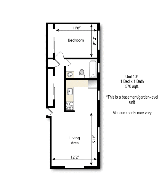 Floor plan for 1 bed, 1 bath, 575 sqft